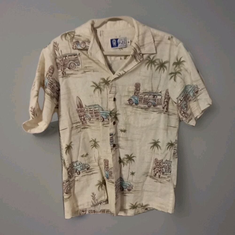 RJC LTD. Hawaiian Button Up Surf Board tiki Statue Wagon Sz. Med. Beach